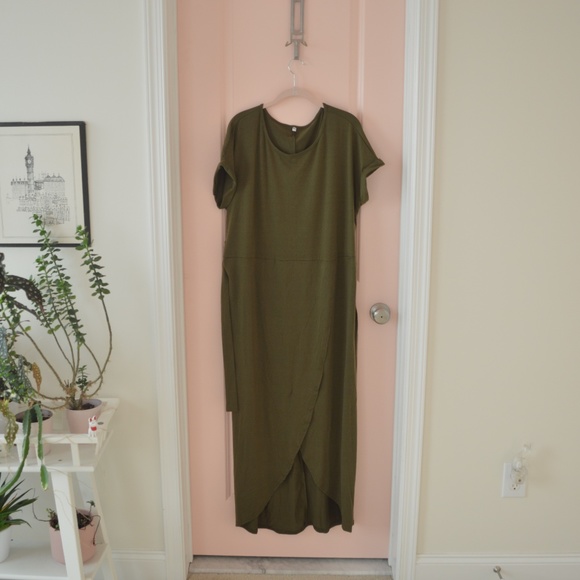 NWT! Olive Green Faux Wrap Slit Maxi Dress - Picture 9 of 9